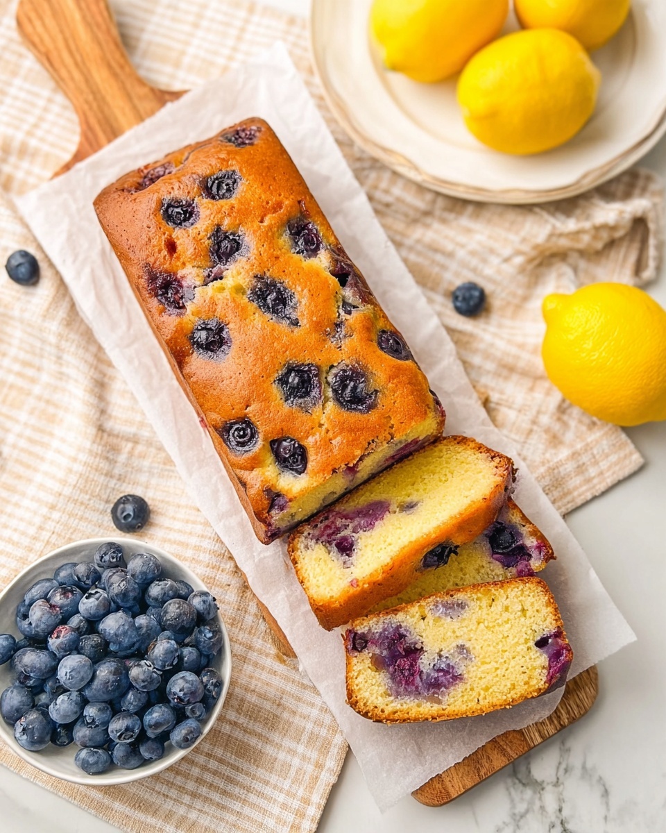 A loaf of blueberry cake with a golden brown crust and visible baked blueberries on top rests on white parchment paper over a wooden board. Two slices are cut from the front, showing a soft yellow crumb with scattered blueberries inside. Next to the board is a white bowl filled with fresh blueberries, and above it a white plate holds whole and halved bright yellow lemons. The setup is on a white marbled surface with a beige checkered cloth underneath the board, creating a light, fresh look. photo taken with an iphone --ar 4:5 --v 7