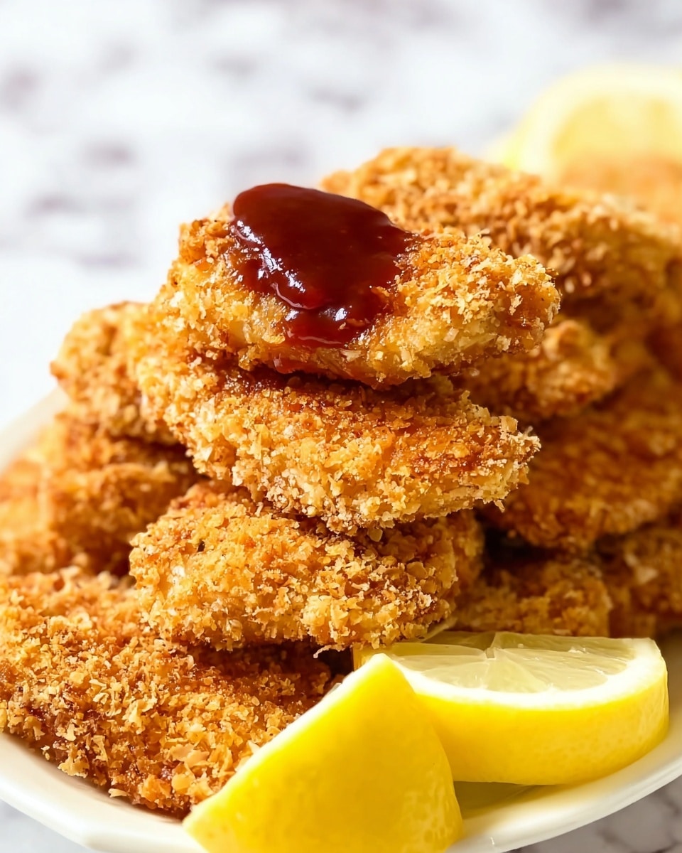 The image shows a stack of golden brown crispy chicken pieces with a crunchy texture, each piece having a rough crumb coating. On top of the middle piece, there is a smooth, shiny layer of dark red sauce partially covering it. To the right side of the stack, there are bright yellow lemon wedges adding a fresh contrast. The chicken pieces are placed on a white plate, and the background is a white marbled surface. photo taken with an iphone --ar 4:5 --v 7