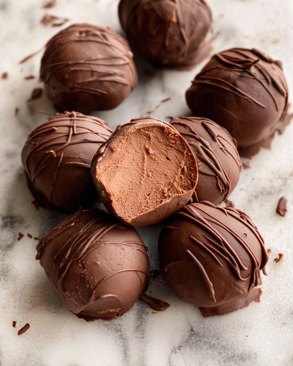 The image shows eight round chocolate truffles arranged on a white marbled surface. Each truffle has a smooth dark brown chocolate outer layer with a few thin streaks of chocolate drizzled on top, adding texture. One truffle in the center is cut in half, revealing its inner layer which is a dense, slightly lighter brown filling with a smooth but firm texture. The whole scene appears close-up, highlighting the rich chocolate details and slight shine on the truffle surfaces. photo taken with an iphone --ar 4:5 --v 7
