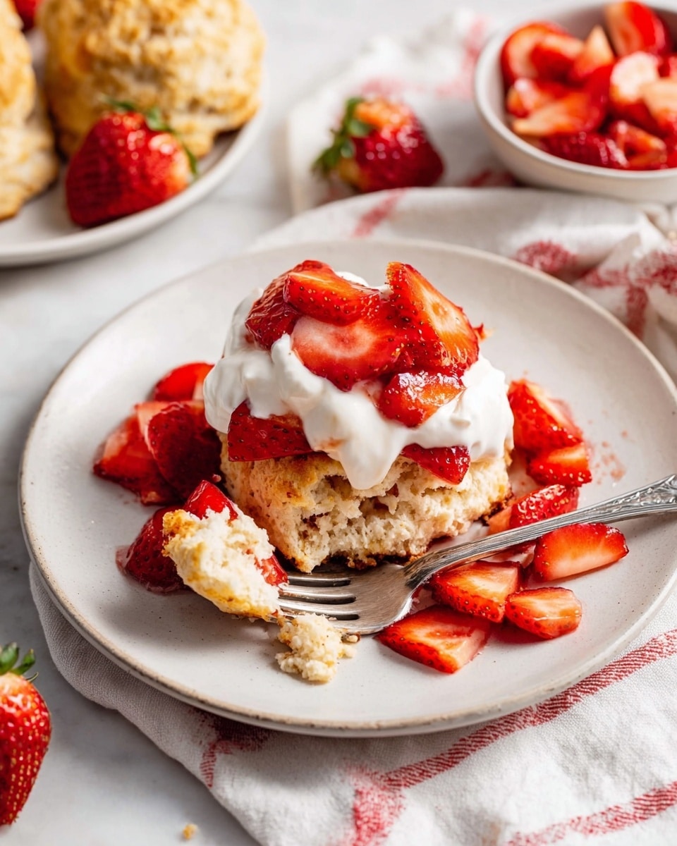 The image shows a white plate with three main layers. The bottom layer is a biscuit with a golden-brown, crumbly texture. On top of the biscuit, there are many bright red, thinly sliced strawberries spread around and on the biscuit. The top layer is a dollop of white cream, covered by a few strawberry slices. A silver fork is stuck into the biscuit, breaking it partly, showing the soft inside. The plate sits on a white marbled surface with a white cloth with red stripes nearby. There are more biscuits and a bowl of extra sliced strawberries in the background. Photo taken with an iphone --ar 4:5 --v 7