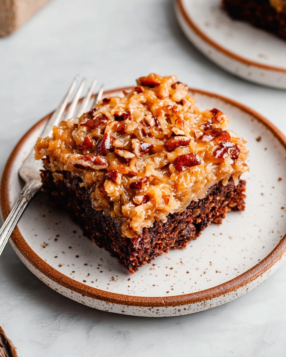 A square piece of two-layered cake sits on a white plate with brown speckles and a thin brown rim. The bottom layer is a dense, dark brown cake with a soft texture, while the top layer is a thick, chunky mix of light brown coconut flakes and pecan pieces in a sticky, shiny caramel-like topping. The plate rests on a white marbled surface, and a silver fork is partly visible in the lower left corner. Photo taken with an iphone --ar 4:5 --v 7
