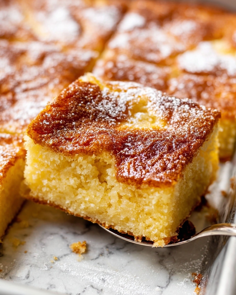 The image shows a close-up of a thick, square piece of cake being lifted from a white baking dish by a golden spatula. The cake has one main layer with a golden-brown, slightly crispy top sprinkled with powdered sugar. The inside is soft and light yellow, with a fluffy texture. The white baking dish holding the cake rests on a white marbled surface. Photo taken with an iphone --ar 4:5 --v 7