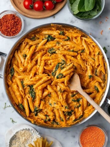 Creamy Red Lentil Pasta Sauce with Goat Cheese and Spinach Recipe