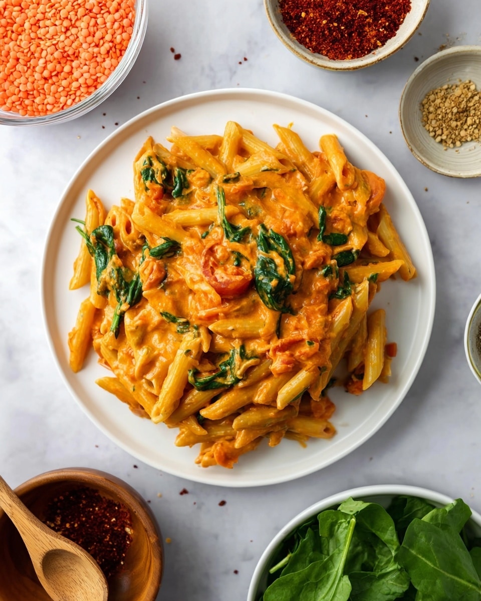 A large silver pan filled with cooked penne pasta mixed with a creamy, orange-colored sauce that has a smooth, slightly chunky texture. There are cooked green spinach leaves scattered throughout the pasta, adding some dark green spots among the orange noodles. A wooden spoon is resting in the pan, lifting a portion of the pasta, showing its soft and coated texture. Surrounding the pan on a white marbled surface are small clear glass bowls containing red lentils, dried pasta, and tomato paste, as well as a small white bowl with fresh spinach leaves. A wooden plate with halved cherry tomatoes is positioned near the top left. The overall scene looks bright and fresh. Photo taken with an iphone --ar 4:5 --v 7