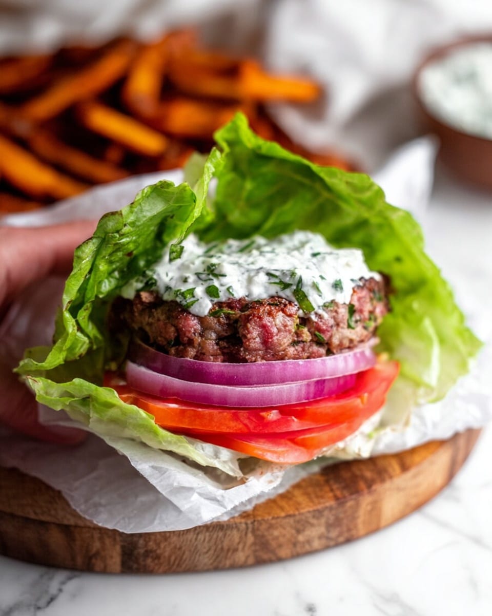 A close-up view of a lettuce-wrapped burger with three layers inside, placed on white paper on a round wooden board, all set on a white marbled surface. The bottom layer shows fresh, bright red tomato slices and thick rings of purple onion, topped by a thick, juicy beef patty with bits of onion and herbs visible in the cooked meat. The patty is topped with a creamy white sauce mixed with green herbs, all wrapped in large, crisp, light green lettuce leaves that form the outer layer. In the background, golden-brown fries are slightly out of focus, adding a warm contrast. A woman's hand holds the board lightly on the lower edge. Photo taken with an iphone --ar 4:5 --v 7