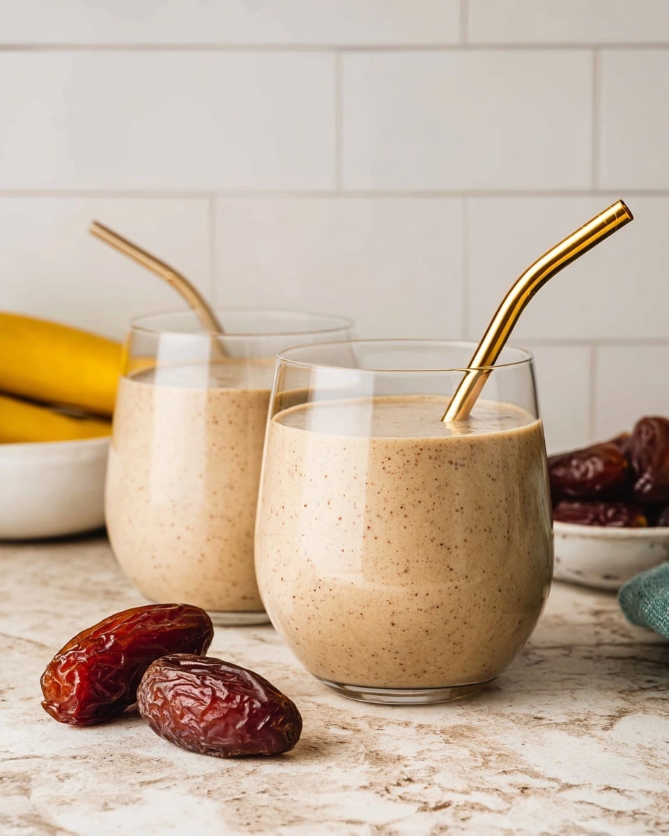 Two clear glasses filled with a thick beige smoothie that has small brown specks spread evenly through it. Each glass has a shiny golden straw inserted at an angle. In front of the left glass, there are three glossy dark brown dates, one of which is slightly opened showing its inside. Behind the glasses, there is a white bowl filled with more dates and two yellow bananas partly visible. All items sit on a textured light stone surface with a white marbled pattern, and the background features plain white tiles. photo taken with an iphone --ar 4:5 --v 7