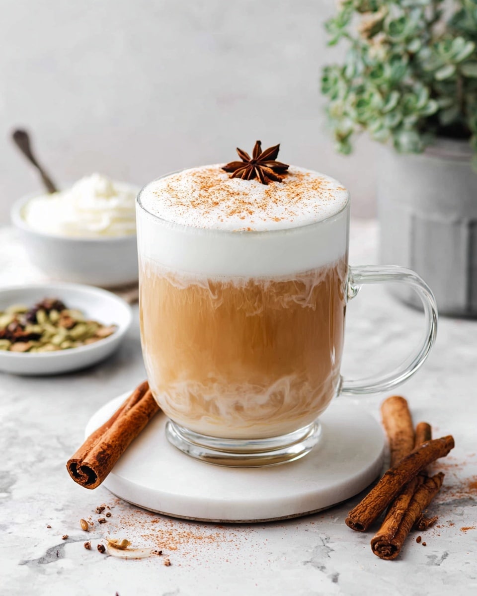 A clear glass mug with a handle sits on a round white coaster, filled with a three-layer drink: the bottom layer is light brown with swirling cream, the middle layer is a lighter beige, and the top layer is thick white foam dusted halfway with fine cinnamon powder. A star anise rests on the foam near the cinnamon. The mug is placed on a white marbled surface with two cinnamon sticks next to it. In the background, there is a small white bowl with a spoon holding a creamy white substance, a small white plate with mixed spices, and a pot with green leafy plants. Photo taken with an iphone --ar 4:5 --v 7