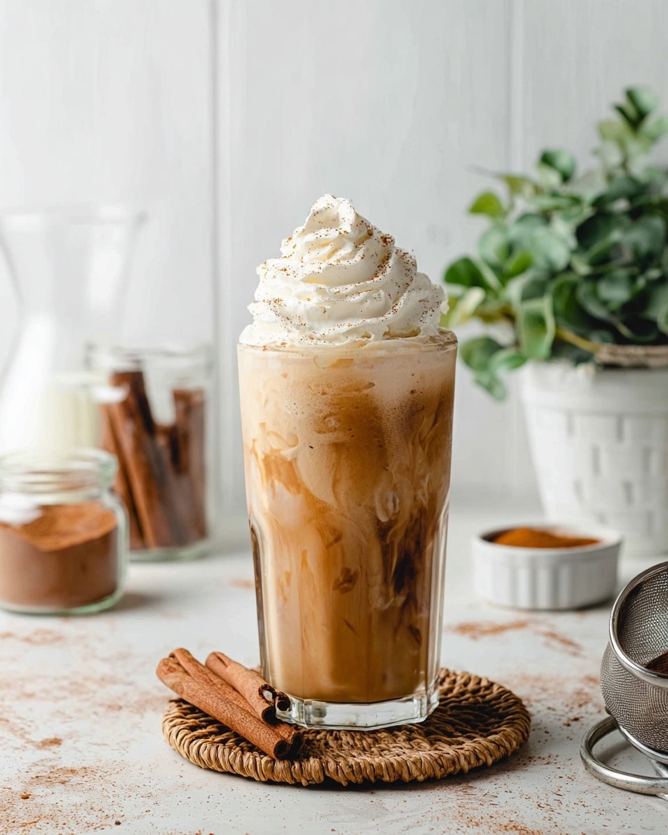 The image shows a tall clear glass filled with a creamy, light brown drink layered with swirls of darker brown at the bottom and middle, topped with a large swirl of white whipped cream sprinkled lightly with brown spice powder. The drink is placed on a round woven coaster with two sticks of cinnamon beside the glass. The surface is white marbled texture and in the background, there are small jars with brown powder, a glass carafe with milk, a white bowl with cinnamon sticks, a green leafy plant in a white pot, and a metal tea strainer on the right side. photo taken with an iphone --ar 4:5 --v 7