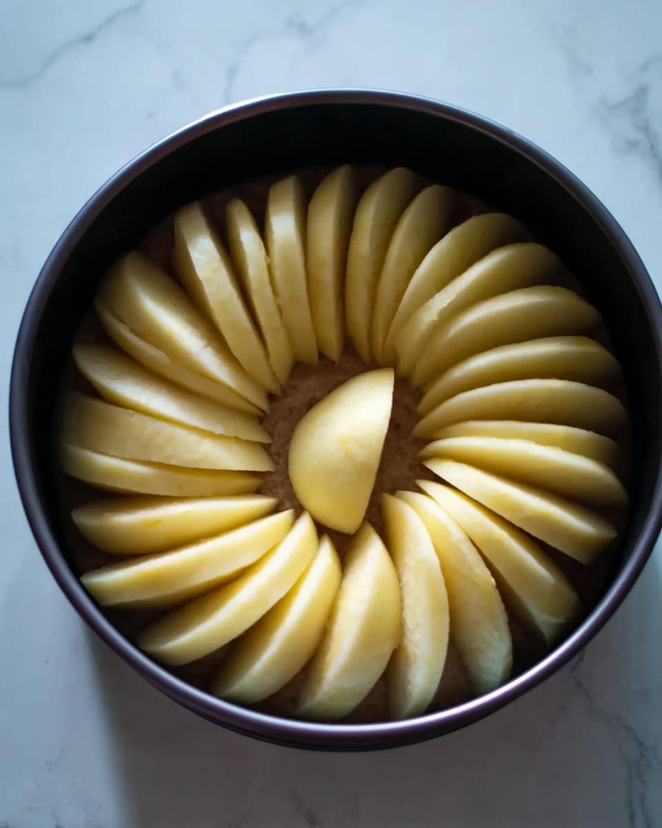 A round cake pan filled with a dark batter layered with pale yellow apple slices arranged in a circular pattern. The apple slices are placed vertically, standing on their curved edges, fanning out around the pan with one larger slice positioned in the center. The pan is dark-colored and sits on a white marbled surface. The lighting is soft, highlighting the smooth texture of the apple slices and the contrast with the dark batter photo taken with an iphone --ar 4:5 --v 7