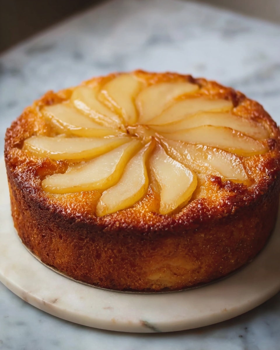 The image shows a round cake with a golden-brown crust on the sides. On top, there is a single layer of pear slices arranged in a circle with their tips pointing outward, forming a flower shape. The pears are shiny and slightly caramelized, giving a soft, smooth texture. The cake sits on a white marble surface. Photo taken with an iphone --ar 4:5 --v 7
