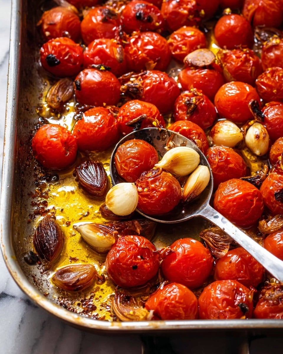 A close-up view of a pan filled with roasted cherry tomatoes and whole garlic cloves, showing a mix of bright red cherry tomatoes with some slightly wrinkled and split from roasting, and golden brown garlic cloves with charred edges. Scattered among them are browned shallot halves with a crispy, dark sear on the cut sides. The bottom of the pan shows a shiny layer of golden olive oil mixed with tomato juices and small roasted bits. A spoon in the pan holds a few cherry tomatoes and garlic cloves, adding focus to the textures. The pan's rim and side can be seen, placed on a white marbled surface. Photo taken with an iphone --ar 4:5 --v 7