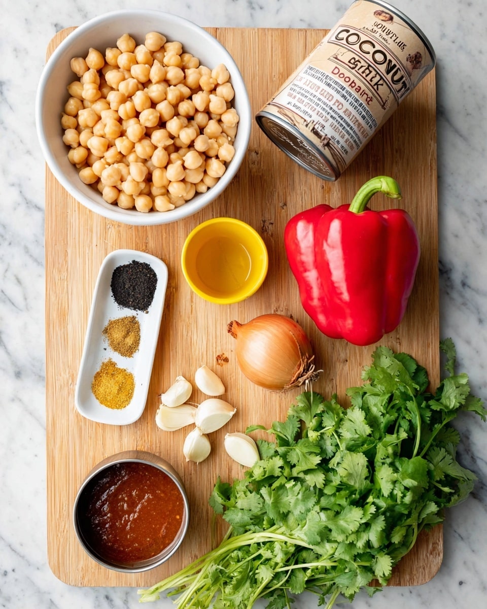 The image shows a wooden cutting board on a white marbled surface holding many cooking ingredients. At the top left, a white bowl is full of round, pale beige chickpeas. To the right of it, there is a can of coconut milk with a light brown label and black text. Below the bowl, a small white dish contains three different spices in yellow, black, and light tan colors. Next to it is a bright yellow cup with a dark liquid inside. Below the cup are four peeled garlic cloves. To the right of the cup and spices is a large bunch of green cilantro leaves. Above the cilantro is a whole red bell pepper with a green stem. Beside the pepper is a light brown onion with a small dry stem on top. Near the bottom left corner is a small metal cup filled with a thick red sauce. Photo taken with an iphone --ar 4:5 --v 7