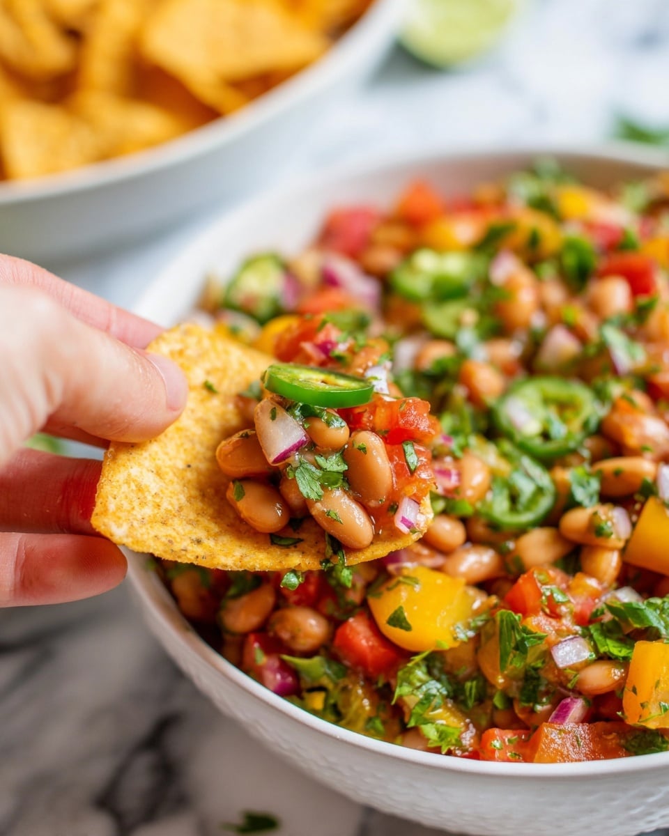 A close-up shows a woman's hand holding a golden crisp chip filled with chunky pinto beans, bright green jalapeño slices, diced red and green bell peppers, small pieces of red onion, and fresh green cilantro leaves. The chip is lifted from a white bowl full of the same colorful mix, with layers of orange-brown beans, red and yellow tomatoes, and green herbs all mixed together. The background features another white bowl filled with more golden chips on a white marbled surface. Photo taken with an iphone --ar 4:5 --v 7