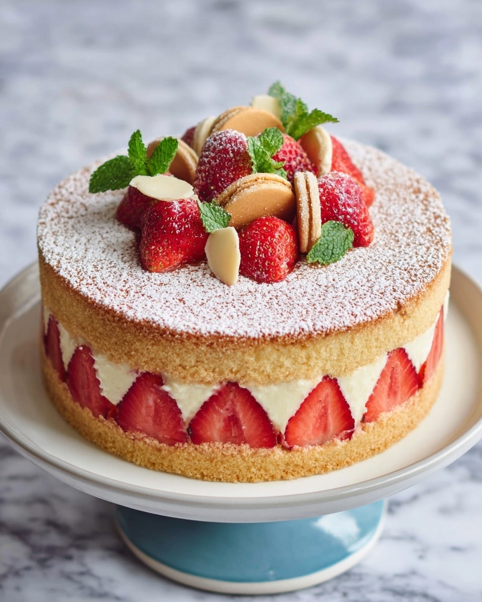 A round cake with three visible layers stands tall on a white plate with a blue base, placed on a white marbled surface. The bottom layer is a light brown sponge cake, followed by a thick cream layer mixed with whole sliced strawberries arranged around the edge, showing their red and white insides. The top layer is another light brown sponge cake dusted with powdered sugar. In the center on top, there is a small pile of halved strawberries, small round cookies, green mint leaves, and thin white almond slices. Photo taken with an iphone --ar 4:5 --v 7