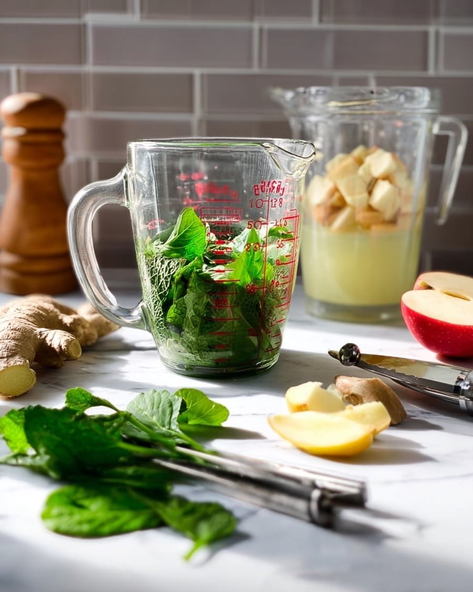 The image shows a clear glass measuring cup filled with green leaves, sitting on a white marbled surface. In front of it, there is a bunch of green leaves held by silver tongs. To the left, there are slices of light brown ginger root next to a wooden lemon squeezer holding half a squeezed lemon. On the right side, there is a clear blender container with a light yellow liquid and chopped apples inside, and a red apple cut in half placed beside it. The background is blurred with square tiles. photo taken with an iphone --ar 4:5 --v 7