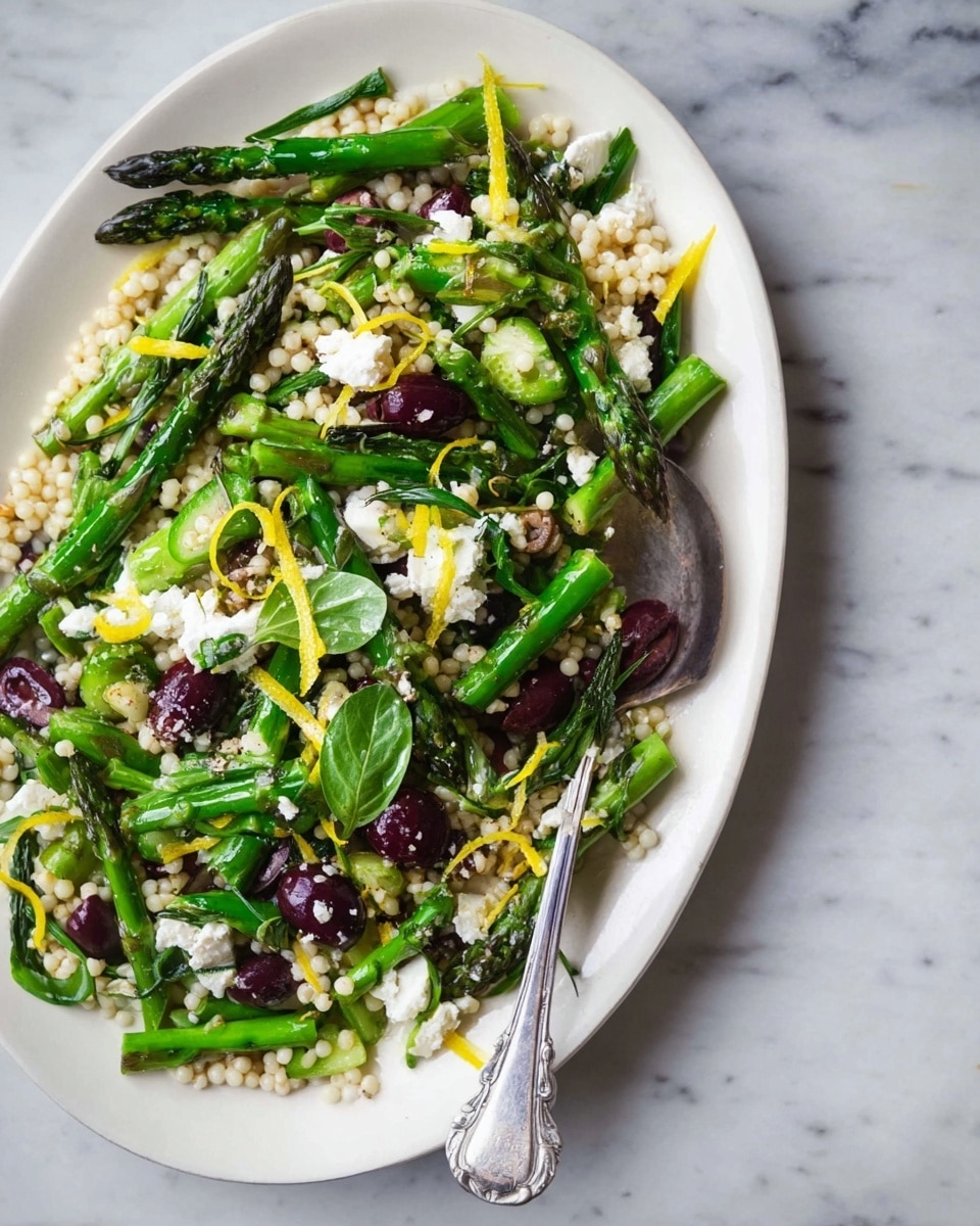 A white oval plate holds a layered salad on a white marbled surface. The base layer is small round couscous pearls in a light beige color. Mixed within are bright green asparagus pieces, cut into both short and long sections, placed evenly throughout the dish. Scattered on top are slices of dark purple olives and chunks of crumbly white cheese. Thin yellow lemon zest curls are spread over the salad, adding a pop of color. Bright green fresh herb leaves are placed here and there for extra texture. A metal serving spoon with a dark wooden handle rests on the edge of the plate. A whole lemon and fresh herbs lay nearby. Photo taken with an iphone --ar 4:5 --v 7