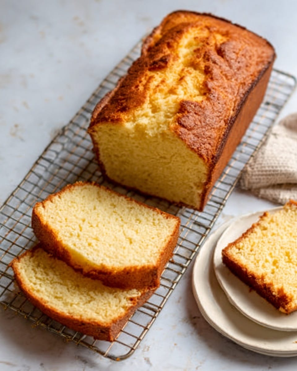 A loaf of golden brown bread is shown lying on a wire cooling rack placed on a white marbled surface. Four slices of the bread are cut from the loaf, showing a soft, light yellow inside with a fine crumb texture. Next to the loaf, on the right side, there is a white plate with one slice of bread on it. The crust of the bread looks slightly crunchy with a smooth top. The setup is simple with natural lighting highlighting the bread’s texture. Photo taken with an iphone --ar 4:5 --v 7