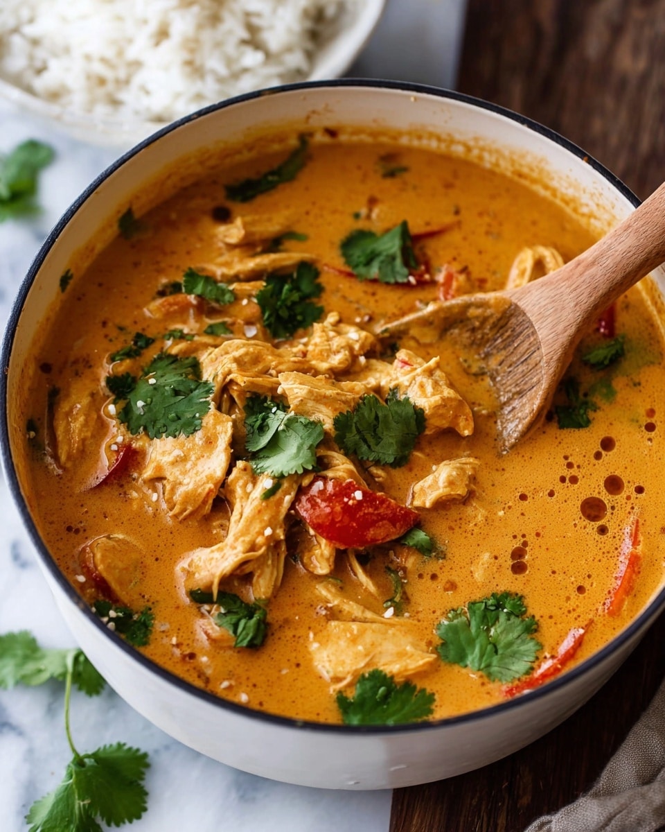The image shows a close-up of a white pot filled with a creamy orange curry containing several pieces of shredded chicken and chunks of red bell pepper. The curry is thick and smooth with a few small bubbles visible on the surface. Bright green cilantro leaves are scattered on top, adding a fresh contrast. A wooden spoon is partially submerged on the right side of the pot. In the background, a white bowl filled with white rice is partially visible. The setting has a white marbled surface underneath. Photo taken with an iphone --ar 4:5 --v 7