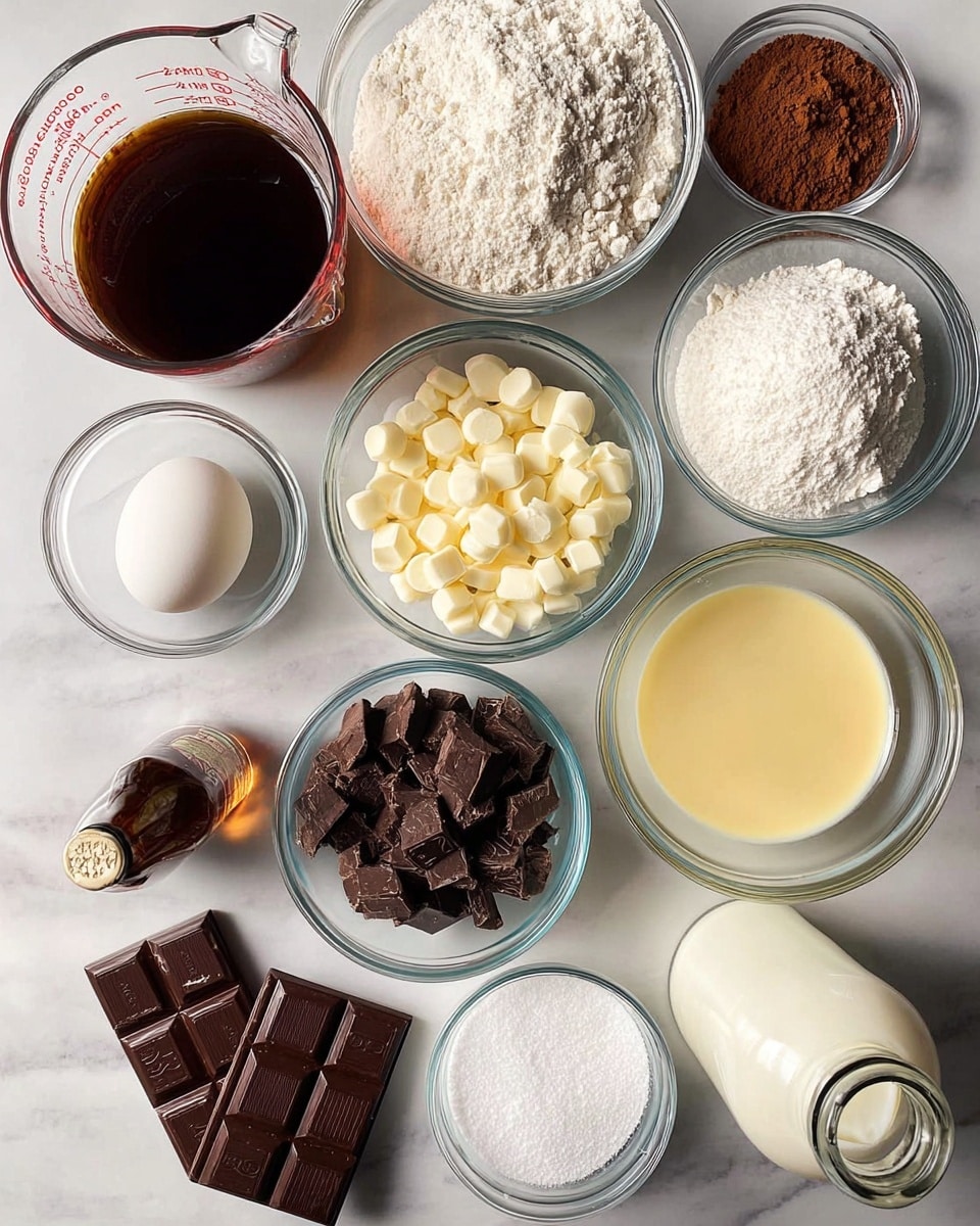 The image shows eleven clear glass bowls and one measuring cup arranged on a white marbled surface, each filled with different baking ingredients. Starting from the top left, there is a clear measuring cup filled with dark brown liquid sitting next to a bowl of white flour and a bowl of brown cocoa powder. Below them are a bowl of white chocolate chips, a single white egg, a bowl with a light yellow liquid, and a bowl with a creamy white substance. Toward the center bottom is a bowl with dark chocolate squares, a bowl filled with white granulated sugar, and a small bowl with two white powders, likely baking soda and salt. At the bottom left is a broken milk chocolate bar near a small bottle of vanilla extract, and at the bottom right is a glass jar filled with white milk. The items are neatly organized and well-lit, photo taken with an iphone --ar 4:5 --v 7