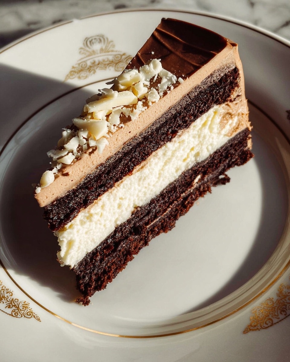 The image shows a slice of layered cake on a white plate with golden decorative patterns along the edge. The cake has three main layers: a thick bottom layer of dark chocolate cake, a middle layer of white creamy filling, and a top layer of smooth milk chocolate mousse. On top of the mousse, there are small crunchy bits and white chocolate shavings scattered mainly on one side. The cake slice casts a shadow on the white marbled surface beneath it, and sunlight creates highlights and deep shadows on the slice and plate. photo taken with an iphone --ar 4:5 --v 7