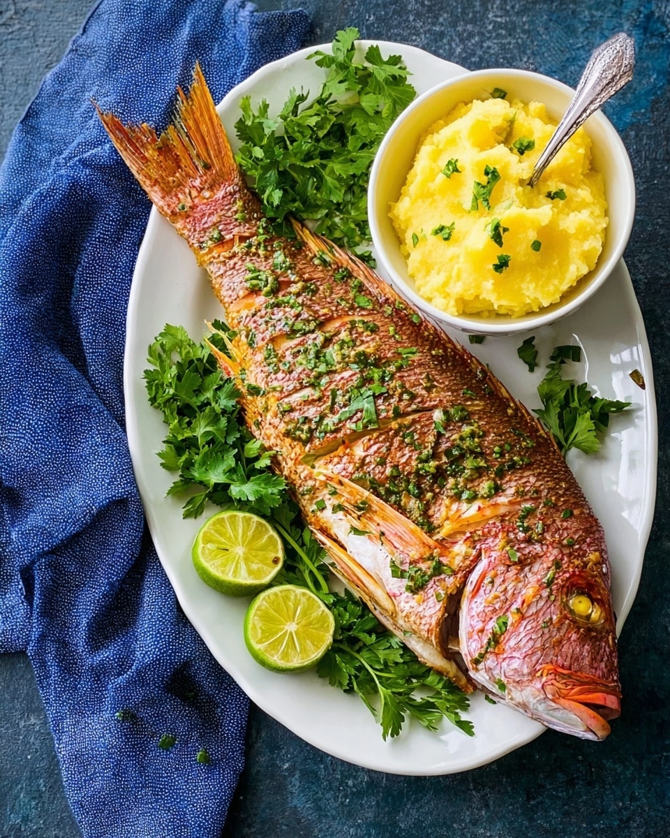 A whole cooked fish with red and pink scales lies on a white plate, garnished with green onion slices scattered across its body and small bits of cooked garlic or seasoning. Fresh green parsley leaves surround the fish along the edges of the plate. Three lime wedges are placed near the top left of the fish on the plate, and behind them is a small white bowl filled with creamy yellow butter chunks. The plate sits on a white marbled surface with a yellow and white striped cloth partially visible on the left side. Photo taken with an iphone --ar 4:5 --v 7