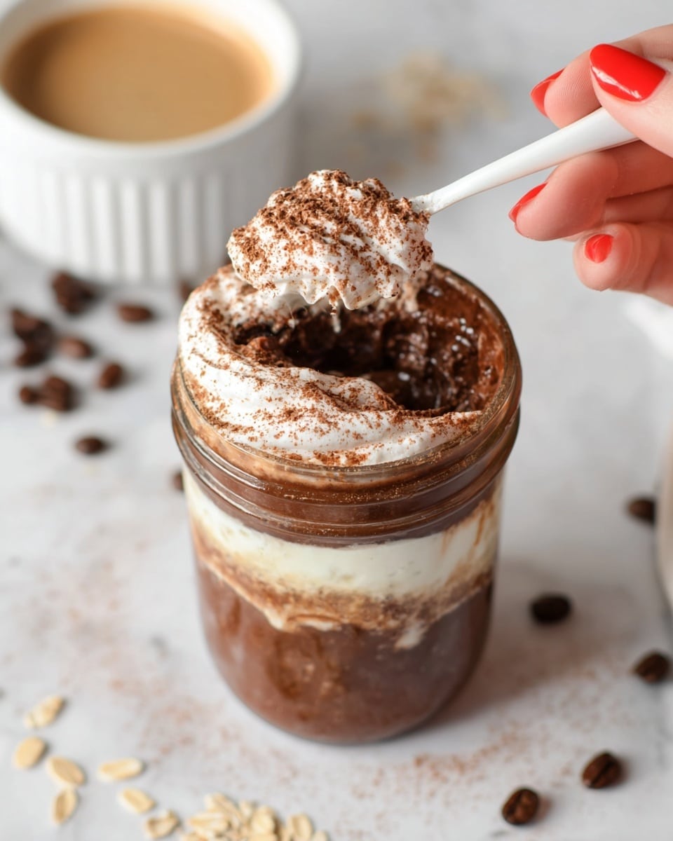 A clear glass jar filled with three main layers: the bottom layer is a dark brown chocolate mixture with a slightly thick and creamy texture, the middle layer is a smooth, white cream, and the top layer is again the dark chocolate mixture. The top surface is covered with a swirl of white cream sprinkled with cocoa powder in a fine, light brown dust. A woman's hand with red nail polish holds a white spoon scooping some of the top layers including the cream and chocolate, showing the creamy texture. The jar sits on a white marbled surface with coffee beans and oats scattered around, with a blurred white ramekin filled with light brown coffee in the background. Photo taken with an iphone --ar 4:5 --v 7