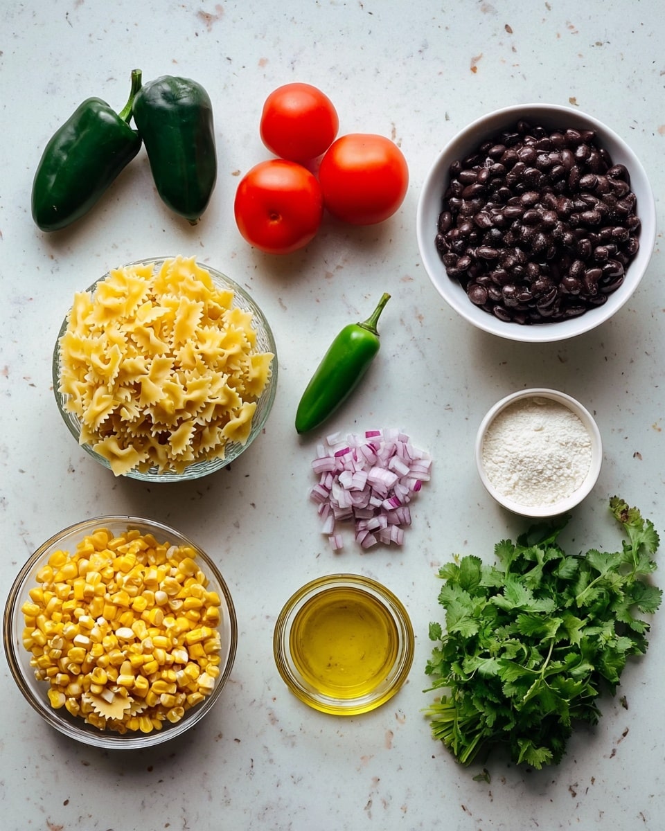 The image shows various ingredients neatly arranged on a white marbled surface. Starting from the top left, there are three dark green poblano peppers placed next to three bright red tomatoes on the right. Below the tomatoes, there is a white bowl filled with cooked black beans. To the right of the beans is a small white bowl with white powder, likely flour or cheese. Below the poblano peppers, a clear glass bowl contains uncooked yellow bowtie pasta. In the center is a small white bowl with cooked yellow corn kernels. To the right of the corn is a bunch of fresh green cilantro, and next to it is a single green jalapeño pepper. Close to the poblano peppers on the left is a small glass bowl filled with golden oil, and between the tomatoes and pasta is a small clear glass container with finely chopped purple onion. The layout is orderly and colorful, highlighting the different textures and shades of the ingredients. photo taken with an iphone --ar 4:5 --v 7