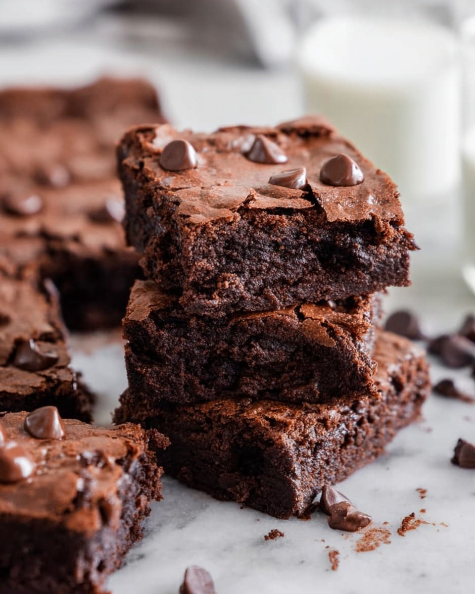 The image shows a stack of two thick, dark brown brownies with a soft, slightly cracked top layer and shiny chocolate chips on the surface, placed on a white marbled table. The middle layer is dense and moist with a rich chocolate color, visible from the sides of the brownies. Around the stack, more brownies lie flat, each with a similar cracked top and chocolate chips scattered on them. Some crumbs are scattered on the marbled surface, and blurred glasses of milk are visible in the background, adding a cozy feeling. photo taken with an iphone --ar 4:5 --v 7