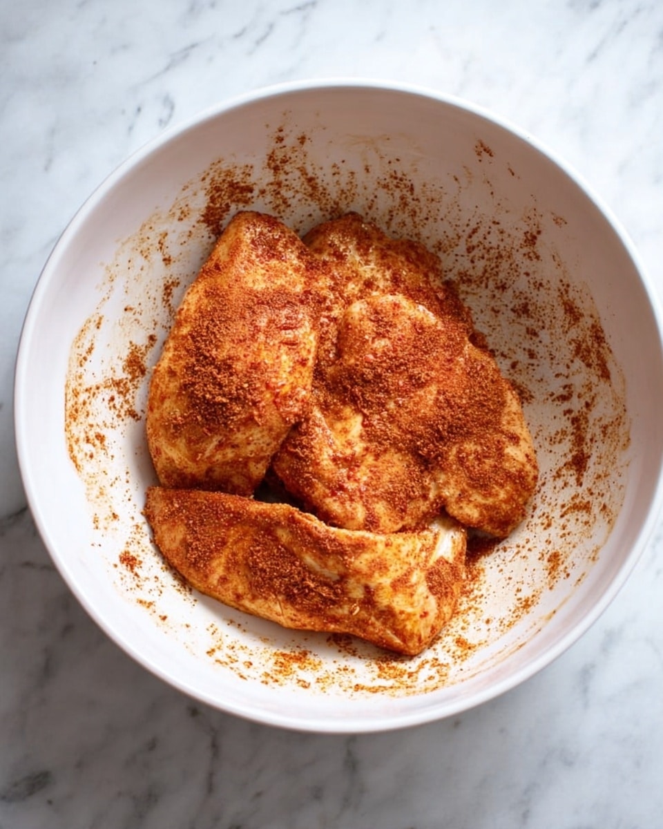 Inside a white bowl, there are three pieces of chicken coated with a reddish-brown spice mix. The chicken pieces are slightly overlapping and have a textured surface from the spice rub. The bowl shows smears of the spice mix on its inner sides, and the bowl sits on a white marbled surface. photo taken with an iphone --ar 4:5 --v 7