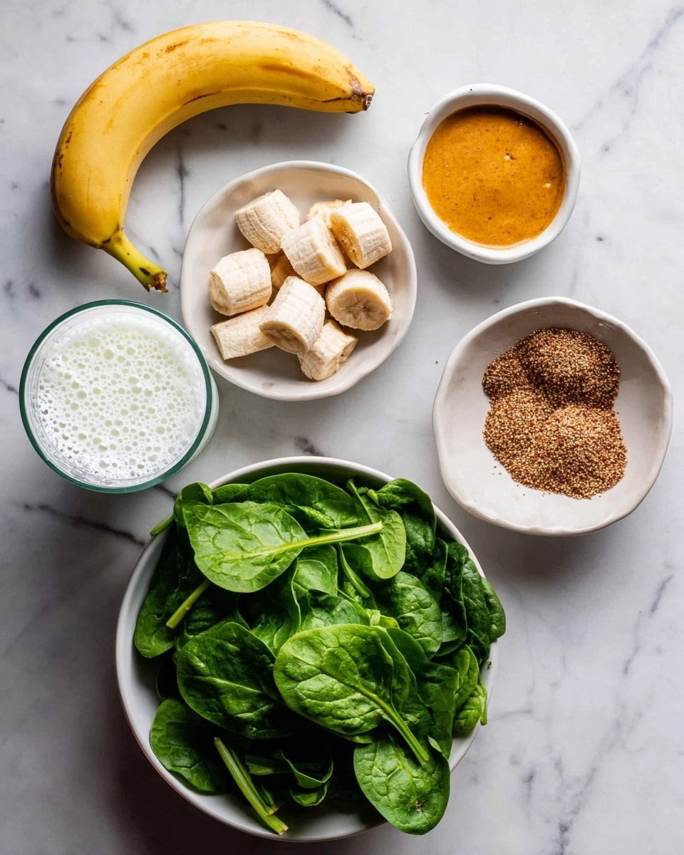 A bunch of green spinach leaves fills a white bowl on the bottom right, next to two small white bowls above it, one with a smooth orange sauce and the other with brown seeds or spices. To the left of these, a white bowl contains frozen banana pieces, with a whole ripe banana on the top left. At the bottom left, a clear glass cup holds white milk with bubbles on top. All items rest on a white marbled surface. Photo taken with an iphone --ar 4:5 --v 7