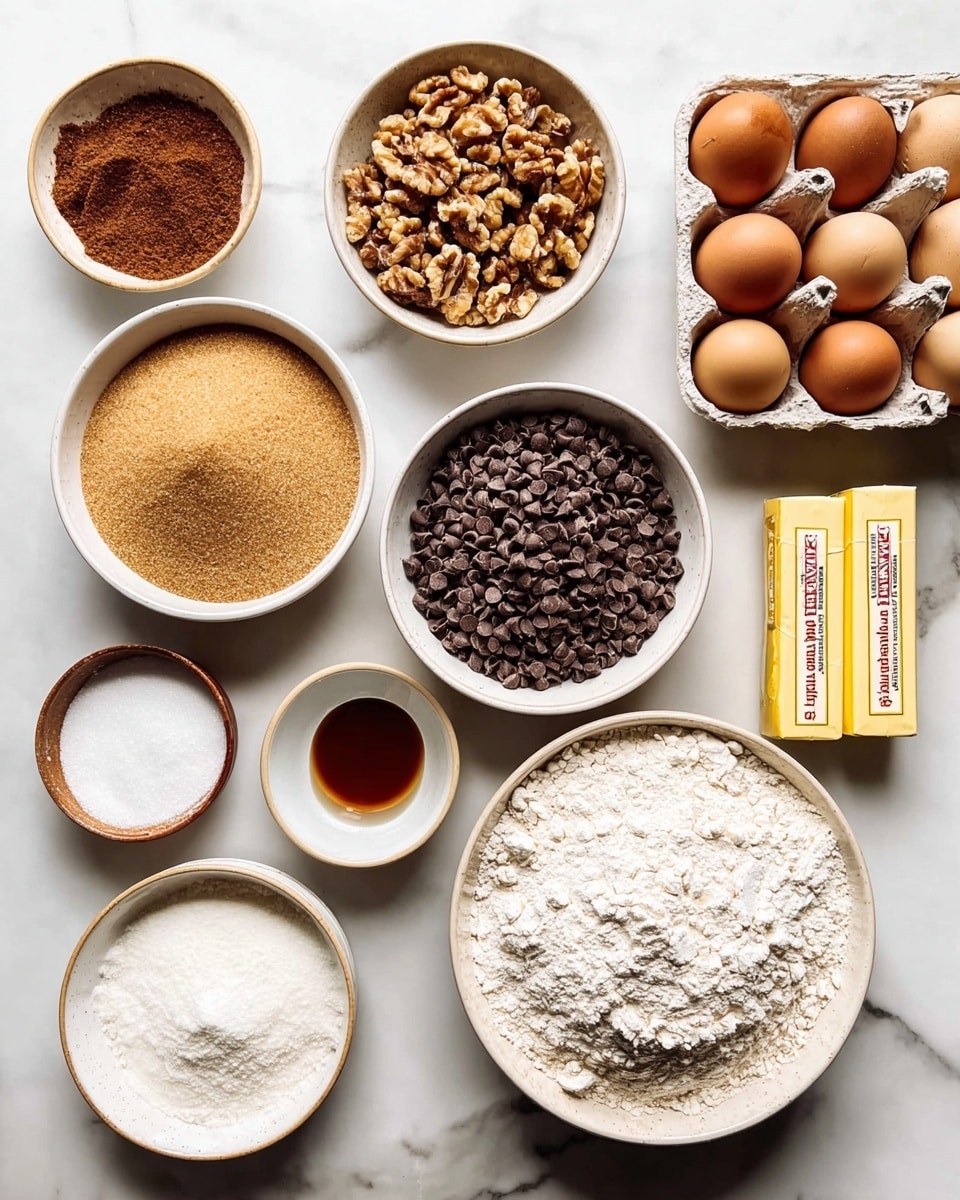 The image shows a neatly arranged set of baking ingredients on a white marbled surface. There are eight visible groups of ingredients: a white bowl filled with light brown sugar and white sugar separated in two halves; a white bowl with many small dark brown chocolate chips; a white bowl with coarse chopped walnuts on the top left; a small white bowl with white flour near the center; a larger white bowl filled with a mound of white flour on the bottom right; two sticks of unsalted butter in yellow wrappers placed side by side near the center right; two brown eggs in a white carton on the top right; a halved lemon with the bright yellow inside facing up near the top right corner; a small white bowl with vanilla extract near the bottom center; and a small white bowl with white baking soda and a pinch of brown spice, possibly cinnamon, just above the flour bowl near the center. Photo taken with an iphone --ar 4:5 --v 7