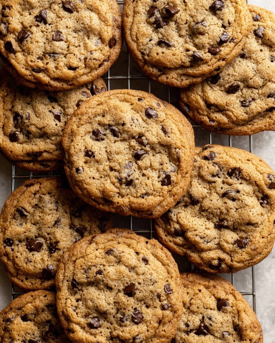 A group of five round chocolate chip cookies with a golden-brown color and visible dark chocolate chips sit on a metal cooling rack, which is placed on crinkled parchment paper over a white marbled surface. One cookie in the front right has a small bite missing, showing a textured inside with chocolate chips. Next to the rack on the right side are two clear glasses filled with white milk, arranged vertically. The whole scene is bright and warm, with soft lighting. photo taken with an iphone --ar 4:5 --v 7
