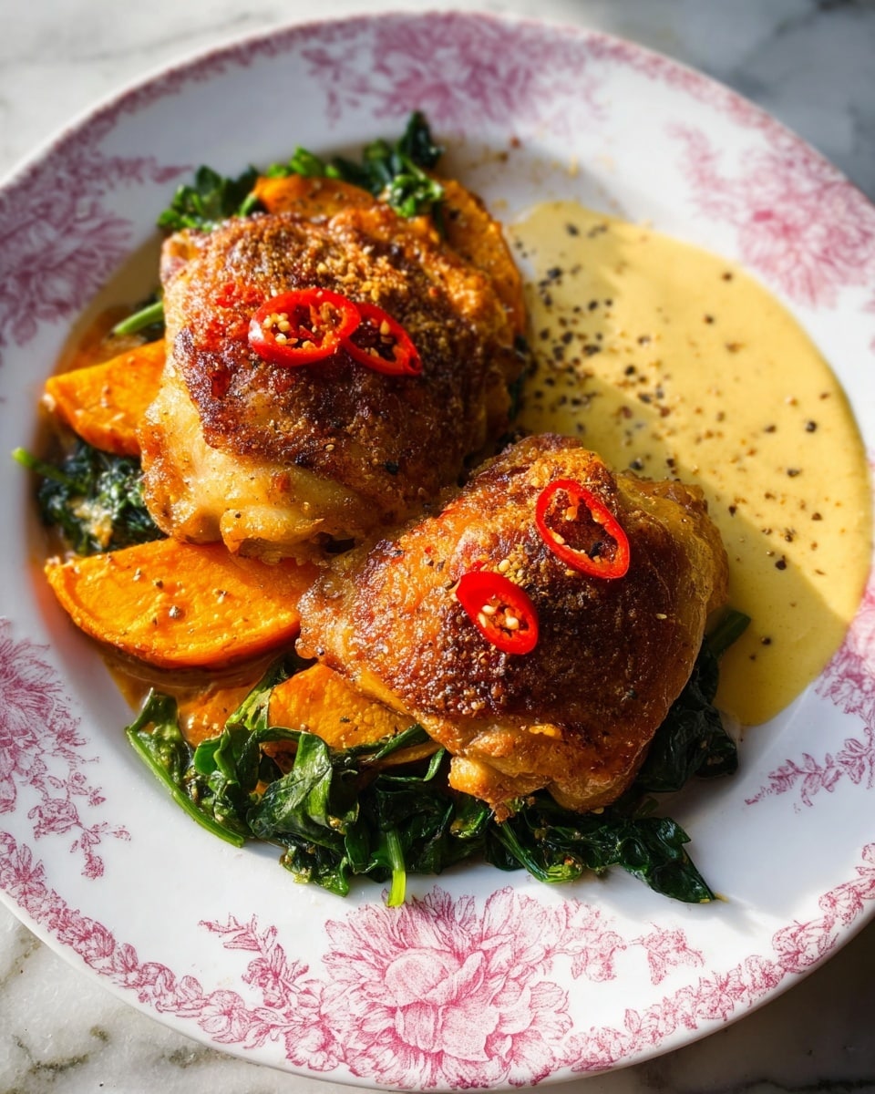A white floral plate holds a meal with three main parts: two golden brown crispy chicken thighs with a grainy mustard glaze on top placed near the center right, a creamy pale yellow polenta layer with black pepper sprinkled on the lower right under one chicken thigh, and a pile of dark green sautéed leafy greens with a few small red chili slices on the left side. Around the chicken and greens are thick orange slices of roasted sweet potatoes with a slight crispy edge and a few red chili slices on top. The plate rests on a wooden surface with warm sunlight highlighting the textures and colors vividly. Photo taken with an iphone --ar 4:5 --v 7