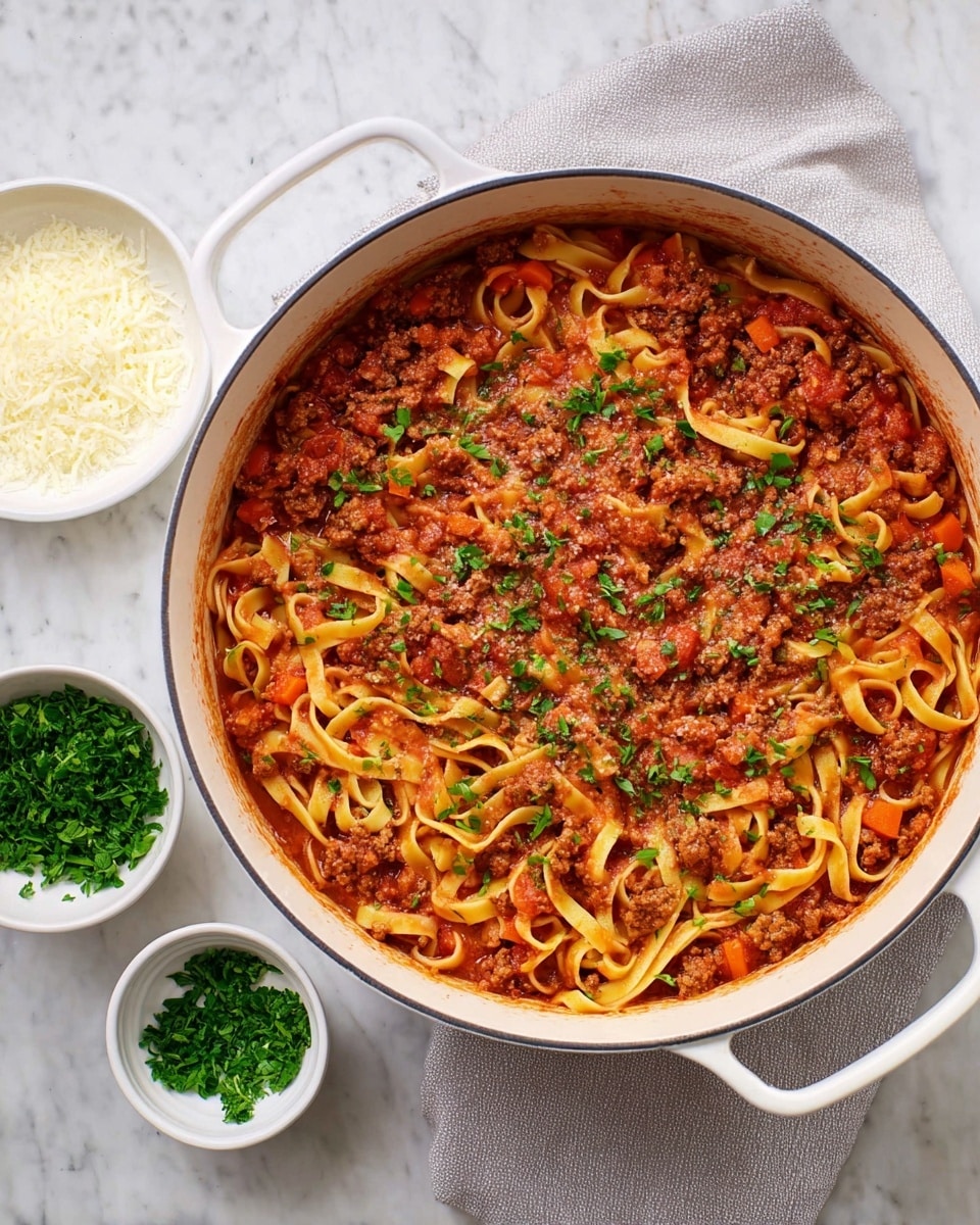 A white bowl filled with three layers: the bottom layer is a bed of long, pale yellow spaghetti noodles, the middle layer is a thick, rich reddish-brown meat sauce with small chunks of ground meat and tomato bits spread evenly, and the top layer is sprinkled with light tan grated cheese and chopped bright green parsley, with a silver fork resting inside the bowl on the left side, all set on a white marbled surface photo taken with an iphone --ar 4:5 --v 7