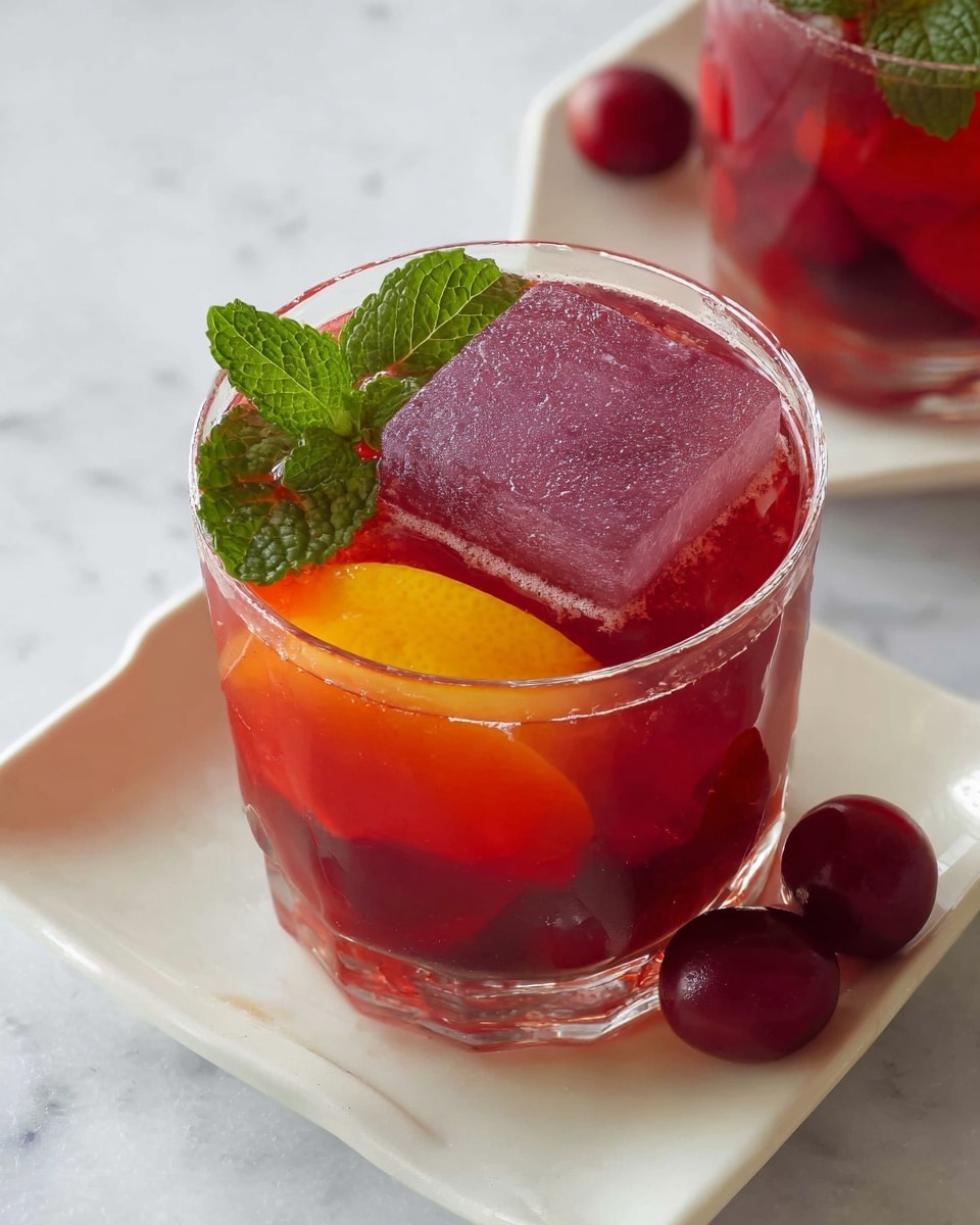 A clear glass holds a red drink with a large purple ice cube floating near the center, surrounded by a curved yellow-orange slice on the right side, and topped with bright green mint leaves resting on the surface. Inside the drink, some red round fruits can be seen near the bottom. The glass sits on a white square plate, which is placed on a white marbled surface. Nearby, three small round red and purple fruits rest next to the plate. Another glass with the same red drink and mint leaves is partially visible in the upper right corner. photo taken with an iphone --ar 4:5 --v 7
