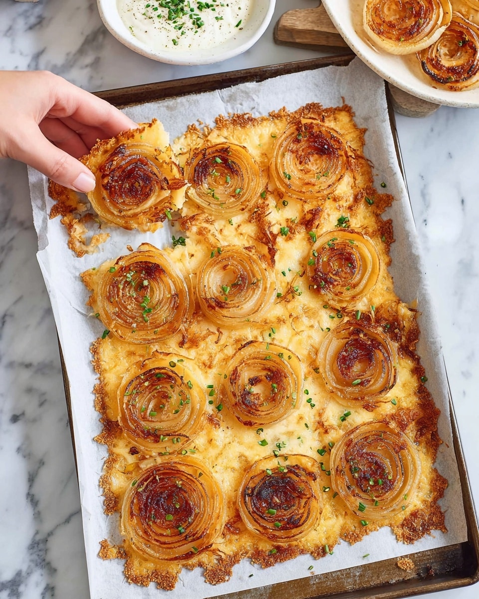 The image shows a baking tray lined with white parchment paper holding baked onion rounds on a crispy golden cheese base. The dish is cut into squares with each square topped by a circular onion slice that is golden brown and slightly caramelized. The cheese around the onions is melted and crispy, with darker browned spots adding texture, while small green herb bits are scattered on top for color. A woman's hand is lifting one piece from the tray, and in the background, there are two white bowls, one with a creamy white sauce topped with chives and the other holding more onion rounds, all placed on a white marbled surface. Photo taken with an iphone --ar 4:5 --v 7