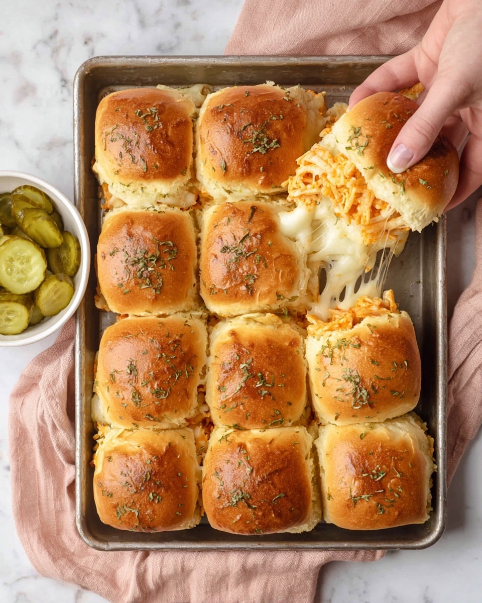 A metal tray with twelve golden-brown sandwich buns arranged in a 3x4 grid, each topped with green herbs. Between the buns is a layer of melted white cheese stringing out as a woman's hand pulls one sandwich up, showing an orange shredded filling beneath the cheese. To the top left, there is a small white bowl filled with round green pickle slices. The tray rests on a white marbled surface with a soft pink cloth draped partially underneath. photo taken with an iphone --ar 4:5 --v 7