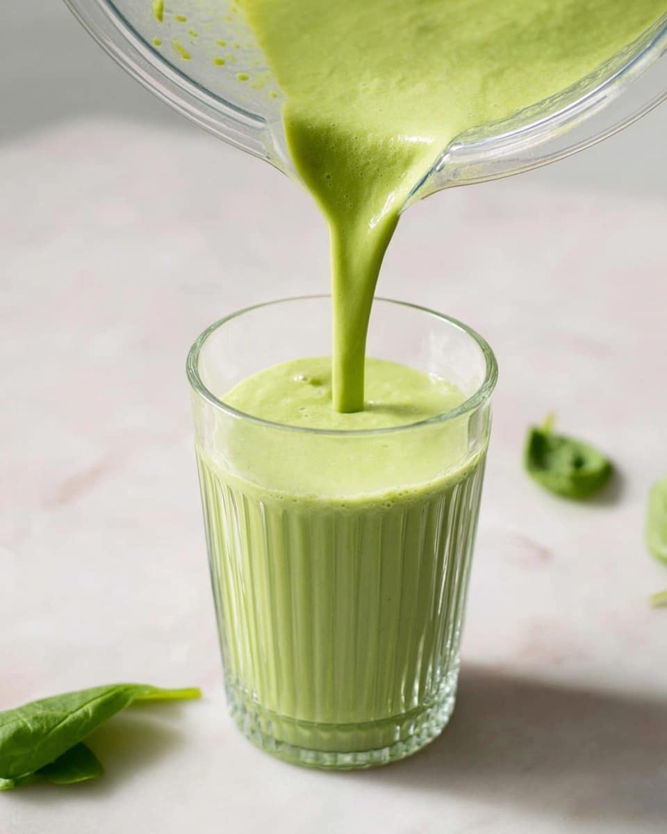 A clear glass with vertical ridges is shown on a white marbled surface, being filled with a thick, light green smoothie that has a smooth, slightly frothy texture. The smoothie pours from a clear blender jar tilted above the glass, its vibrant pale green color mixing hints of leafy greens visible in the froth. The glass is nearly full with the smoothie forming a slightly rounded top layer as it is poured. A few green spinach leaves are scattered casually on the white marbled surface around the glass. photo taken with an iphone --ar 4:5 --v 7