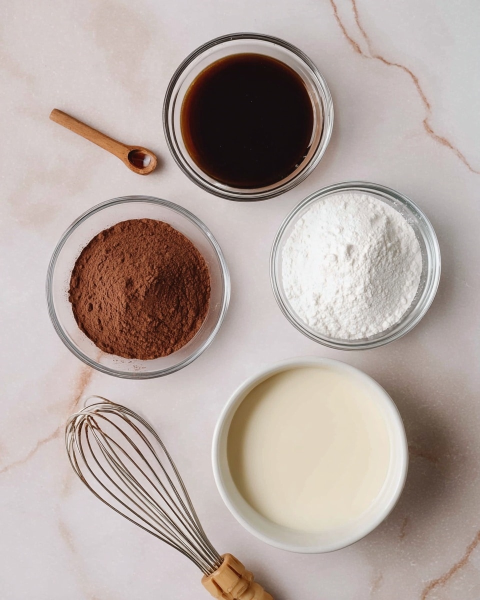 The image shows four clear bowls placed on a white marbled surface. The top right bowl contains a white powder, the bottom left bowl holds a dark brown powder with a lighter brown spoon, the top left bowl has a dark liquid, and the bottom right bowl is a white bowl filled with a pale cream liquid. A whisk with a light wooden handle and metal loops lies near the bowls. Photo taken with an iphone --ar 4:5 --v 7