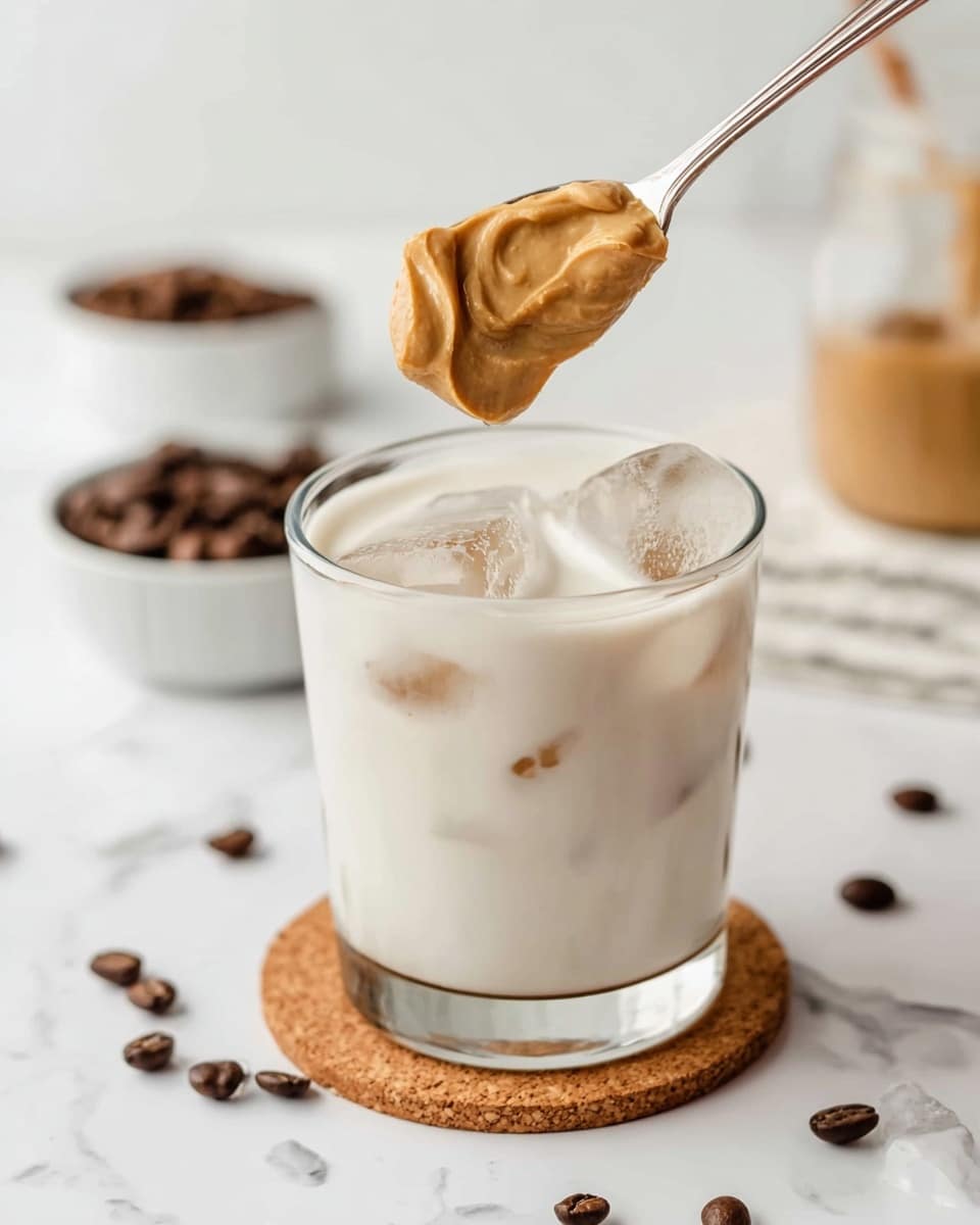A clear glass filled with white milk and ice cubes, sitting on a round cork coaster on a white marbled surface. Above the glass, a silver spoon holds a thick, light brown creamy spread, with a woman's hand gently holding the spoon at the top edge of the image. Around the glass, there are scattered dark brown coffee beans and two small white bowls, one containing more coffee beans and the other blurred in the background with an indistinct brown substance. The background is clean and softly lit with a white marbled texture photo taken with an iphone --ar 4:5 --v 7