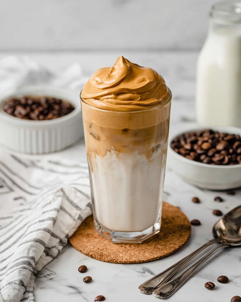 A tall clear glass filled with three visible layers: the bottom layer is white milk, the middle layer is a mix of light brown coffee swirling into the milk, and the top layer is a large, fluffy, smooth dollop of whipped coffee foam with a rich caramel color, slightly peaked at the top. The glass sits on a round cork coaster on a white marbled surface. Around it are scattered dark brown coffee beans, two silver spoons crossed beside it, and a white cloth with thin black stripes draped nearby. In the background on the left, there is a white bowl with more whipped coffee and a spoon, and on the right, a small white bowl filled with coffee beans next to a glass bottle of milk. Photo taken with an iphone --ar 4:5 --v 7