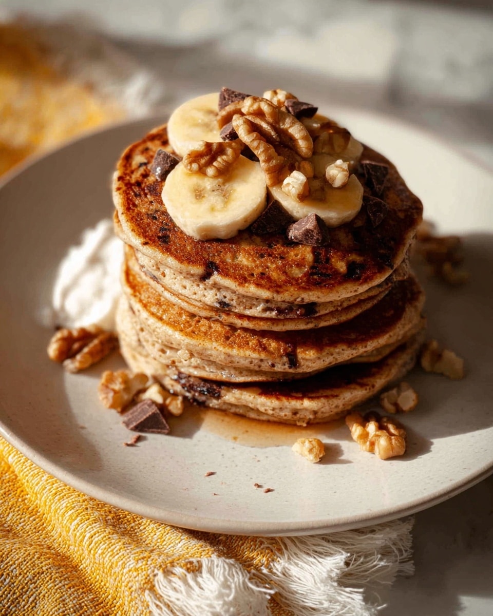 A stack of five thick, golden brown pancakes sits on a white plate, each pancake showing a slightly uneven, textured surface with darker edges. On top, there are slices of banana, small pieces of chopped walnuts, and dark chocolate chunks scattered around, with syrup drizzling over the stack and pooling slightly on the plate. The background shows a white marbled texture. photo taken with an iphone --ar 4:5 --v 7