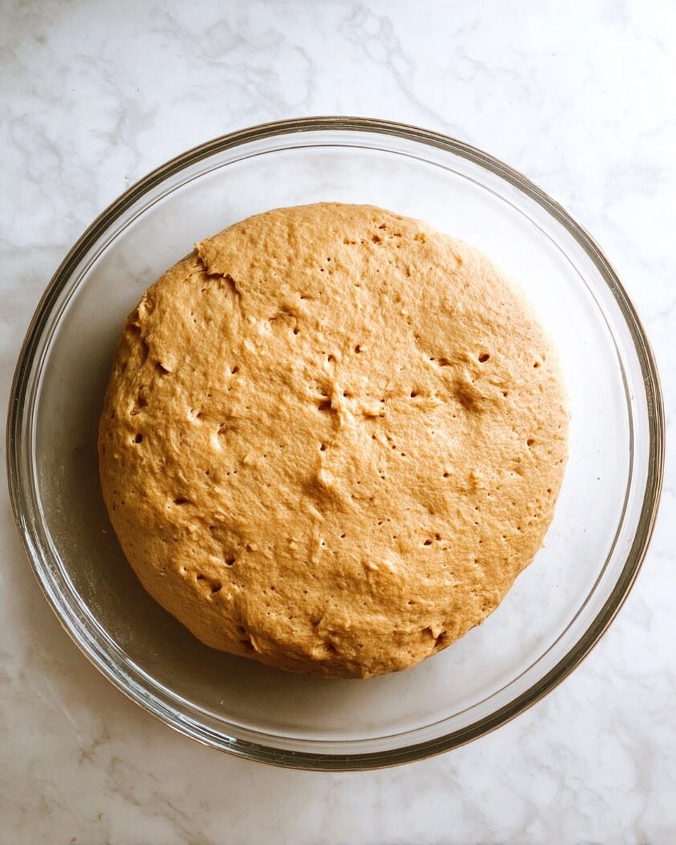 The image shows a single round layer of light brown dough with small air holes and a slightly rough texture, resting in a clear glass bowl. The bowl is placed on a white marbled surface, and the dough appears soft and well-risen, filling most of the bowl's inner space evenly. Photo taken with an iphone --ar 4:5 --v 7