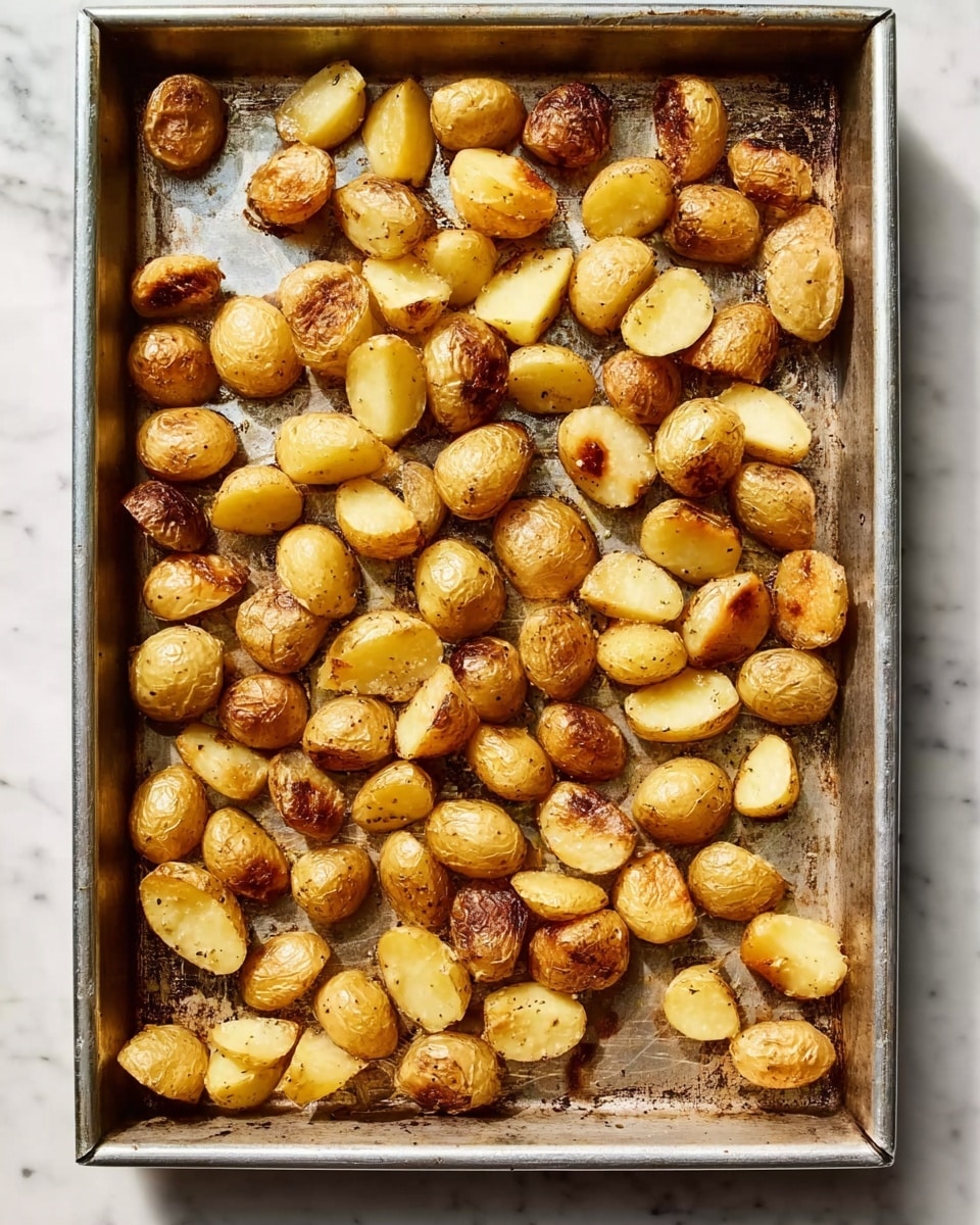 A large metal baking tray filled with many small, golden-brown roasted potato pieces scattered evenly across the surface. The potatoes have a slightly crispy texture with a mix of light and darker brown tones, showing they have been roasted well. The tray sits on a white marbled surface. Photo taken with an iphone --ar 4:5 --v 7