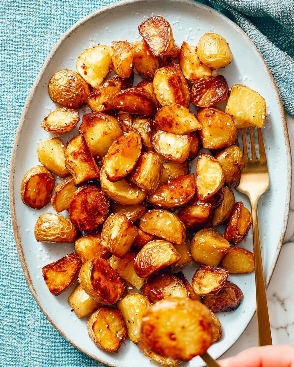 A close-up view of many small roasted potato pieces piled on a white plate with a light blue textured surface. The potatoes vary in color from light golden brown to deep brown, showing crispy and smooth skins and soft centers. The pieces are irregular in size and shape, with some edges looking slightly curved or jagged. Small salt flakes are sprinkled on top, adding texture and shimmer. To the right side of the plate, a bronze fork rests with a shiny metal finish, and a woman's hand is seen holding one potato piece. The setting is on a white marbled surface with gentle lighting that highlights the crispy texture of the potatoes, photo taken with an iphone --ar 4:5 --v 7