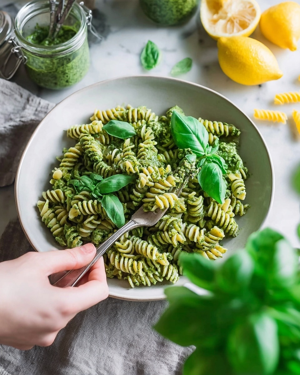 A white bowl holds a serving of rotini pasta mixed with green pesto sauce, giving the pasta a textured, slightly chunky green coating. Bright green fresh basil leaves are scattered on top, adding vibrant color and freshness. A woman's hand is holding a silver spoon in the bowl, slightly lifting some pasta. The bowl sits on a white marbled surface with glass jars of pesto, a pair of old-fashioned scissors, and bright yellow lemons in the background. Some pasta pieces and green leaves are partially visible in the foreground, creating a natural and fresh setting. photo taken with an iphone --ar 4:5 --v 7