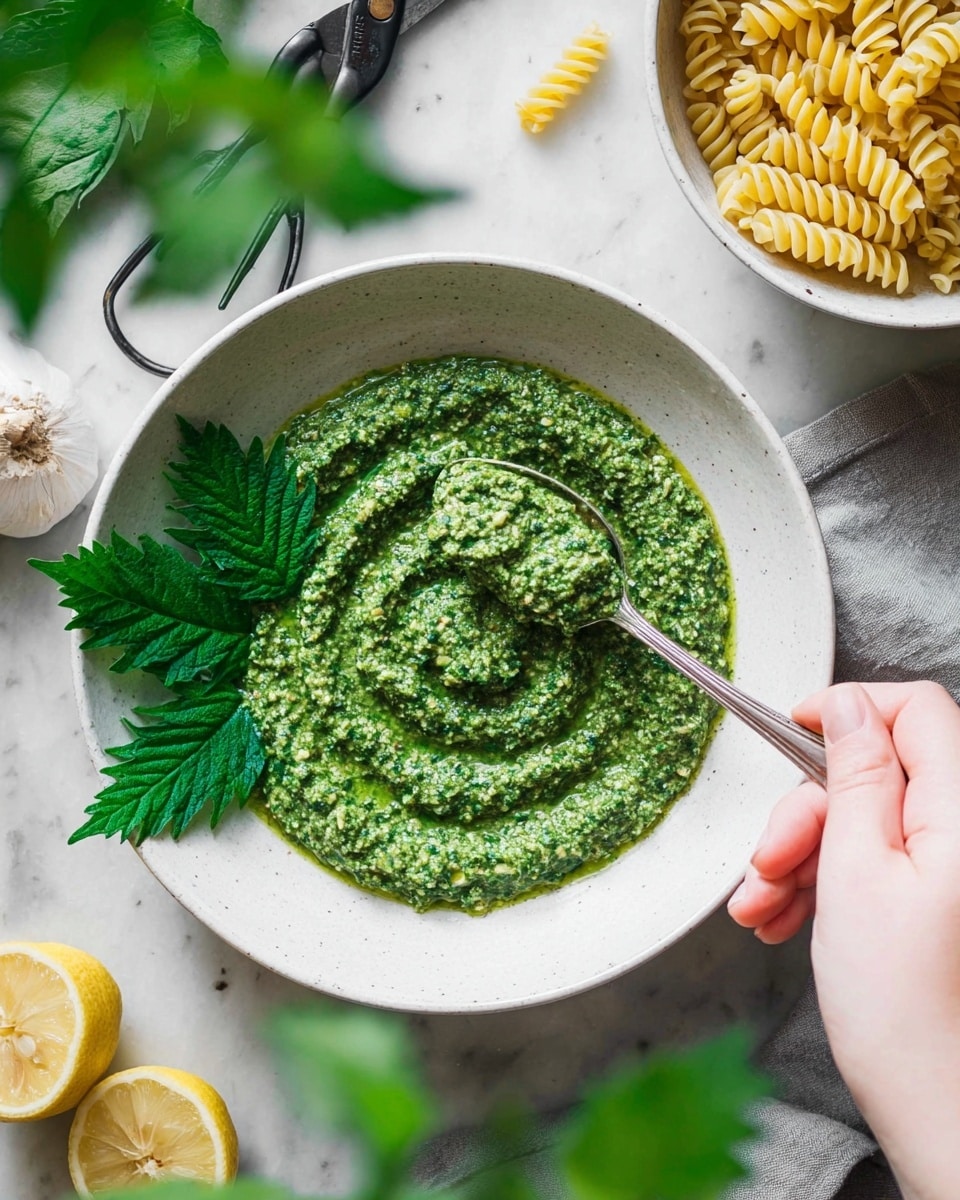 A white bowl filled with a vibrant green pesto sauce, textured with small bits of herbs, spread evenly in a circular shape with a smooth swirl pattern in the center where a spoon is scooping the sauce. To the left side of the bowl, there are three fresh green leaves placed on the edge. The bowl sits on a white marbled surface with some scattered lemon slices, a bulb of garlic, and a pair of black scissors next to it. Above, there is a smaller white bowl filled with light yellow spiral pasta. A woman's hand is holding the spoon inside the bowl with the green pesto sauce. photo taken with an iphone --ar 4:5 --v 7
