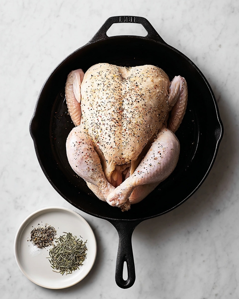 A whole raw chicken seasoned with black pepper and dried herbs sits centered in a large black cast iron skillet, its pale skin speckled with spices. The chicken's wings and legs are tucked close to its body, showing smooth, slightly glossy skin and a plump shape, with the chicken filling most of the skillet. Below the skillet on a white marbled surface are two small white plates, one holding a small pile of mixed dried herbs and the other with coarse salt and ground black pepper. The scene is simple and clean with a focus on the raw chicken in the skillet. photo taken with an iphone --ar 4:5 --v 7