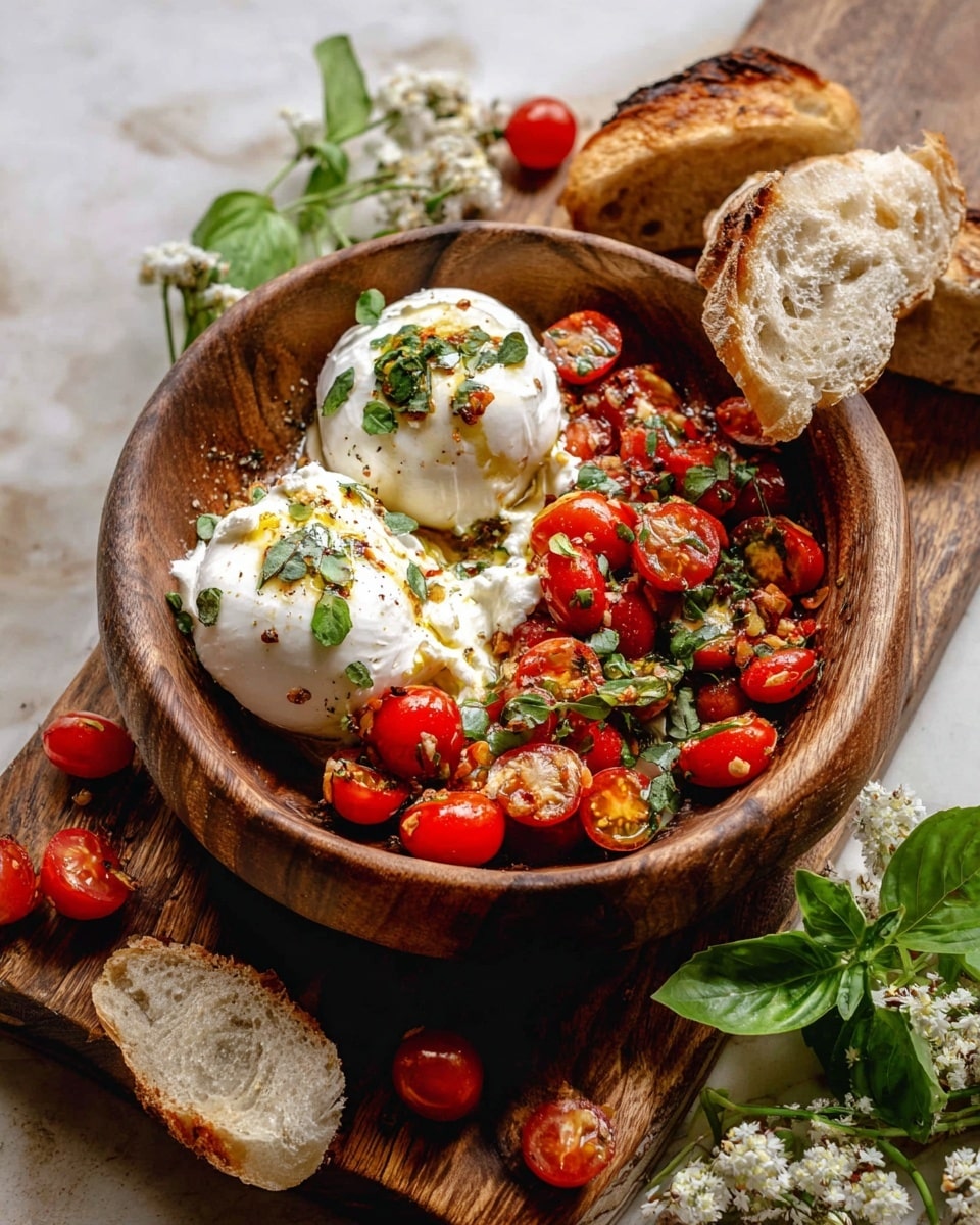 A deep wooden bowl holds a fresh dish with three main layers. The bottom layer is a mix of bright red cherry tomatoes, some whole and some sliced, with a shiny, slightly roasted look. On top of the tomatoes are three large dollops of creamy white cheese, soft and smooth with a slight sheen. Scattered over the cheese and tomatoes are small green leaves and herbs for a fresh touch. A drizzle of golden olive oil and small bits of toasted nuts add texture and shine. A piece of torn crusty bread rests on the side of the bowl, all placed on a white marbled surface. Photo taken with an iphone --ar 4:5 --v 7
