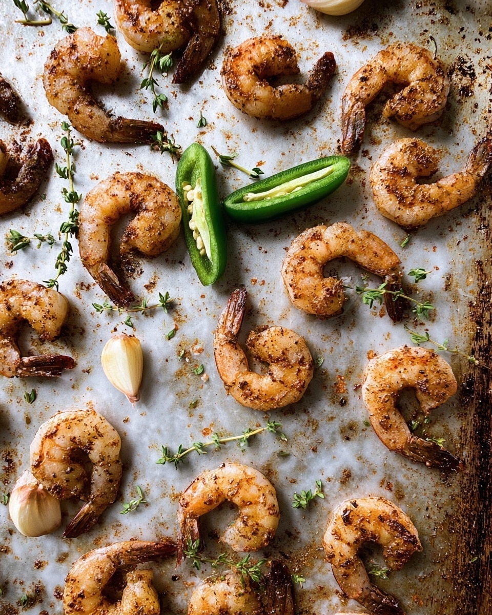 The image shows a baking tray with one layer of cooked shrimp scattered across it, each shrimp having a slightly browned, seasoned surface with visible spices. Alongside the shrimp, there are small sprigs of thyme spread throughout and two green jalapeño peppers placed among the shrimp. There are also two garlic cloves, one of which is split open, showing its pale interior. The tray has a worn, metallic texture, with some seasoning bits and oil spots visible. The background is a white marbled texture. photo taken with an iphone --ar 4:5 --v 7